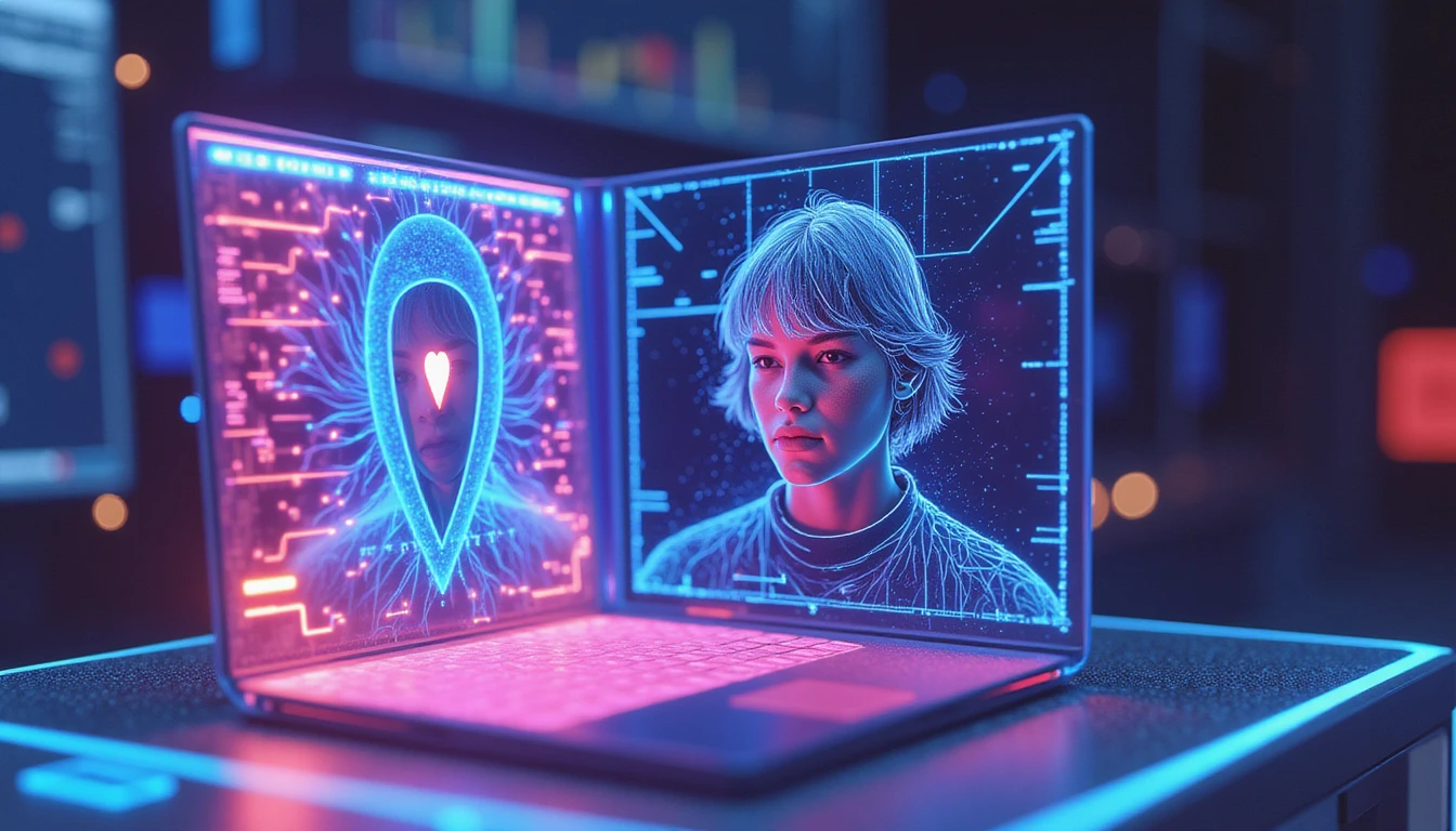 Futuristisches digitales Schild mit Neonlicht, das das Gesicht eines Benutzers scannt und sicheres Online-Dating durch KI-gesteuerte Bildverifizierung symbolisiert.