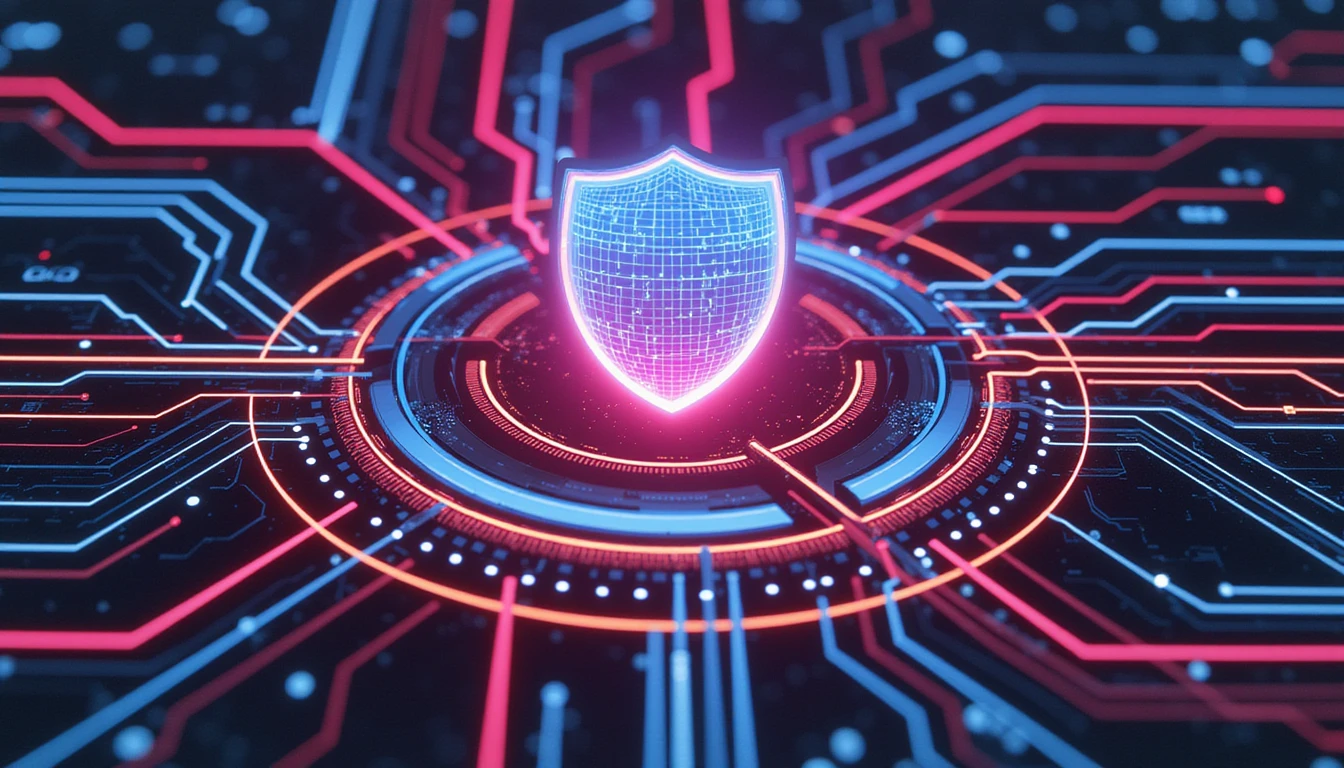 Futuristische, neonbeleuchtete Schaltkreise symbolisieren die KI-gestützte Bearbeitung von Versicherungsansprüchen, mit einem leuchtenden Schild, das Sicherheit und Betrugserkennung darstellt.