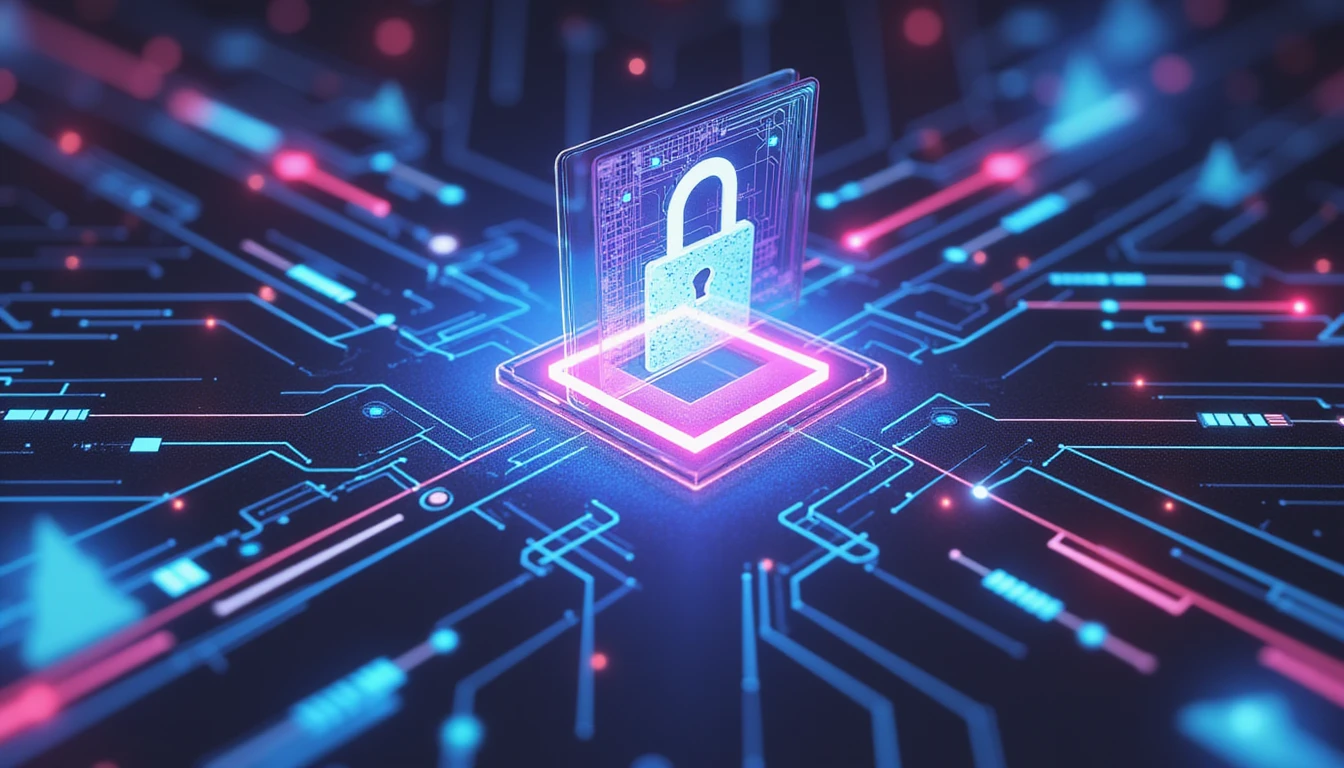 Futuristisches digitales Schild über neonfarbenen Datenströmen, das Cybersicherheit, KI-Betrugserkennung und Compliance in der Versicherungsbranche symbolisiert.