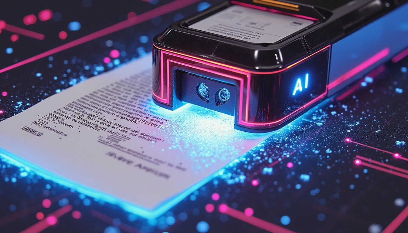Futuristic digital scanner analyzes a document with neon patterns, detecting fraud as data disintegrates amid AI-powered circuitry.