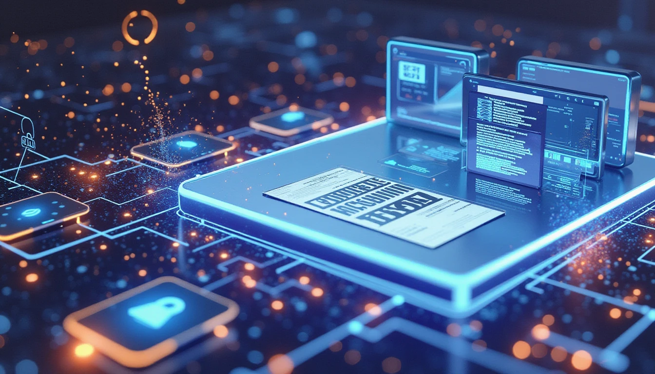 Futuristic visual of insurance tech with digital interfaces, AI-driven analysis, neon-glow data flow, and secure elements symbolizing trust.