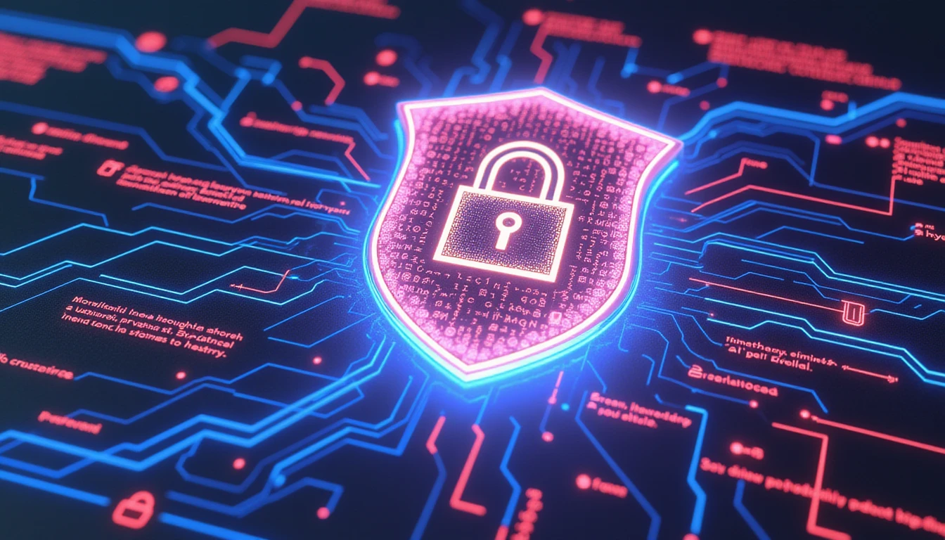 Futuristische Darstellung von Vertrauen in der Versicherung mit neonfarbenen Datenströmen, einem digitalen Schild und KI-gestützter Sicherheit als Zeichen für Innovation.