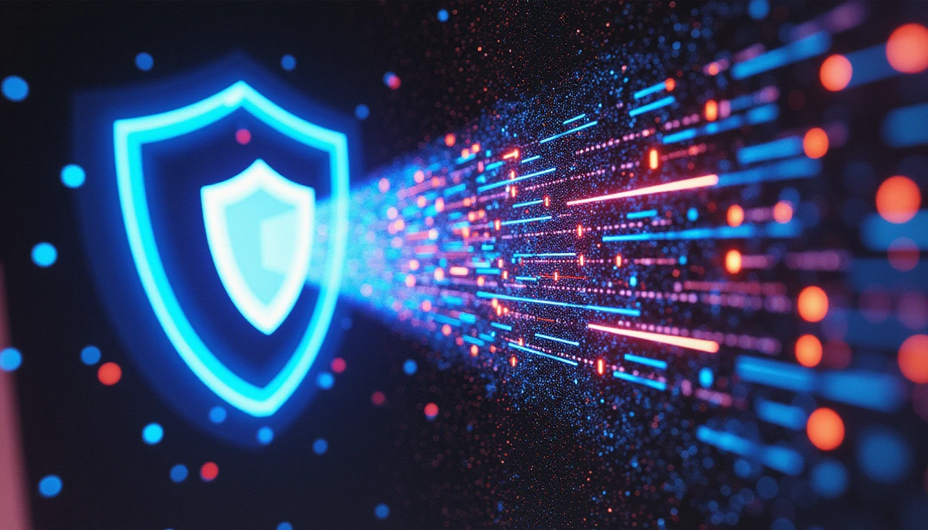 Futuristic illustration of AI neon streams analyzing deepfake imagery with a glowing shield symbolizing digital fraud prevention in insurance.