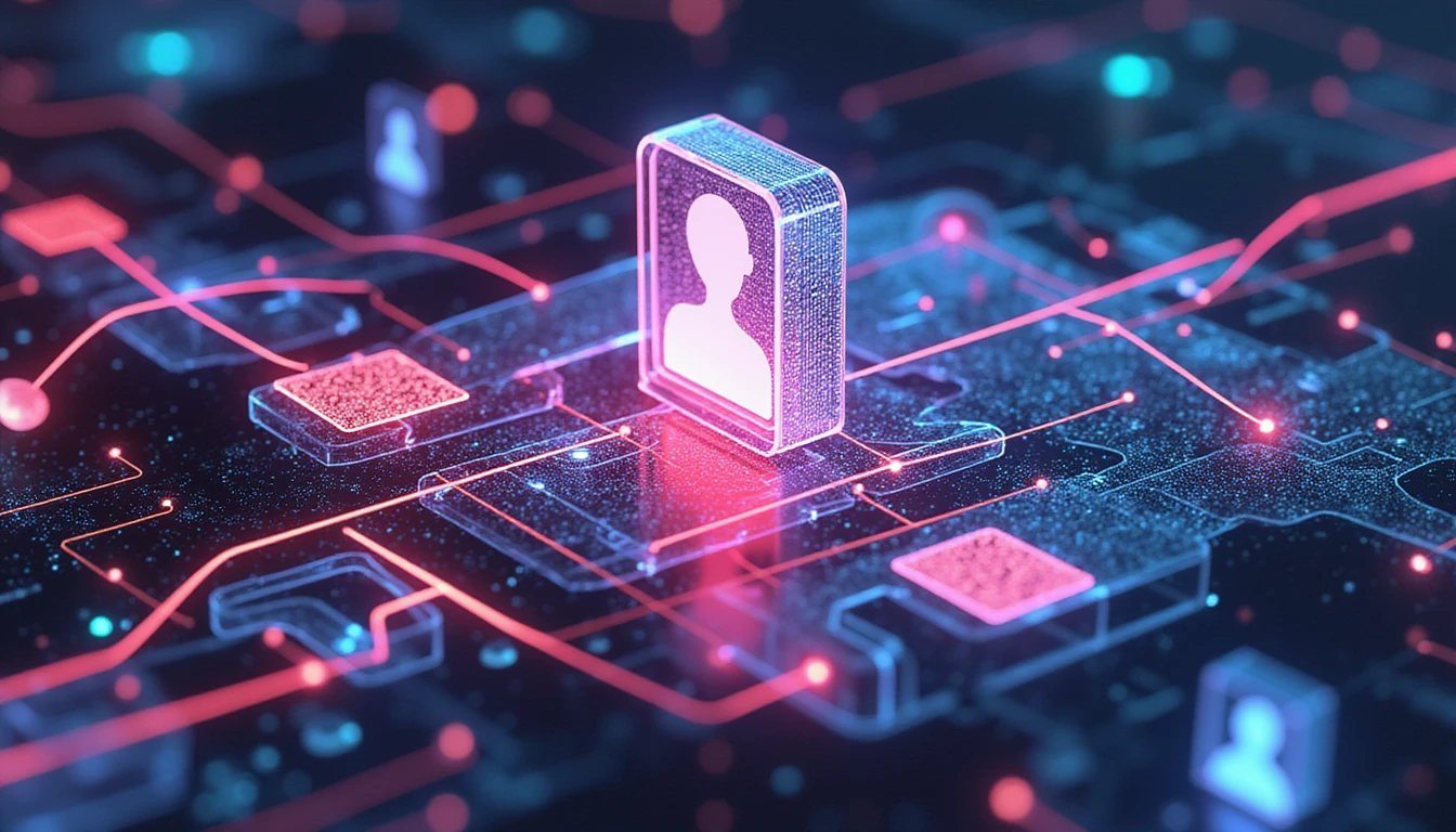 Futuristic digital visualization of trust and security in online dating, featuring glowing biometric patterns, profile verification, and AI analysis.