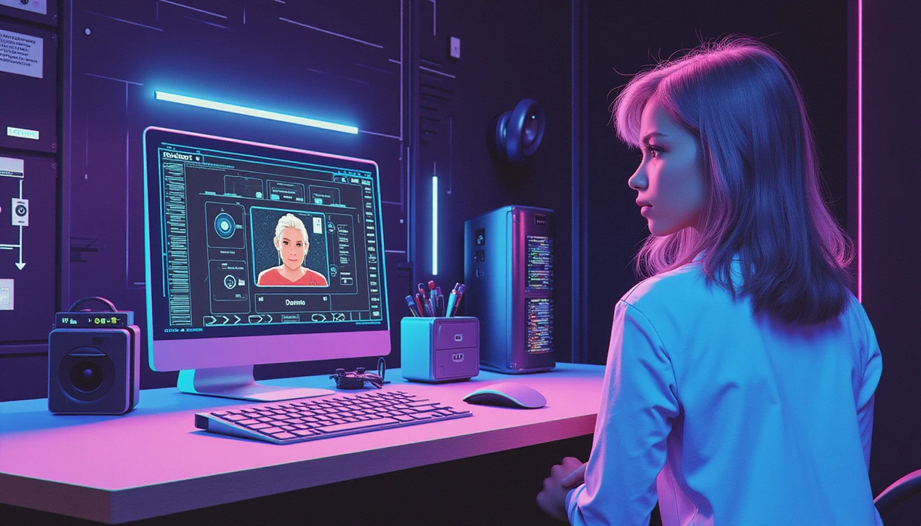 Ein neonbeleuchtetes KI-System scannt Online-Dating-Profile und nutzt biometrische Analysen und Metadaten, um Betrug zu erkennen und so die digitale Sicherheit zu gewährleisten.