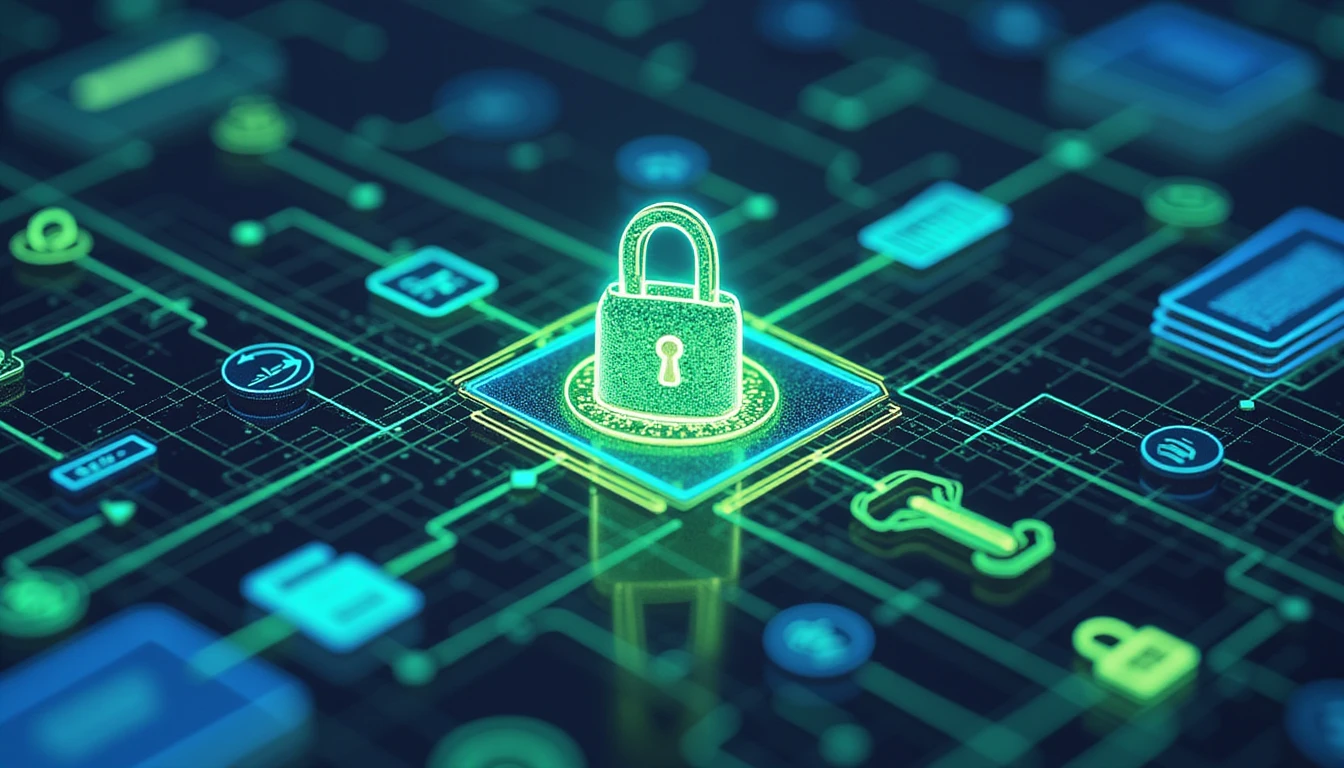 Abstrakte Darstellung der sicheren digitalen Versicherungsabwicklung mit leuchtenden Gittern, Schlössern, Dokumentsymbolen und neonblaugrünen technischen Elementen.