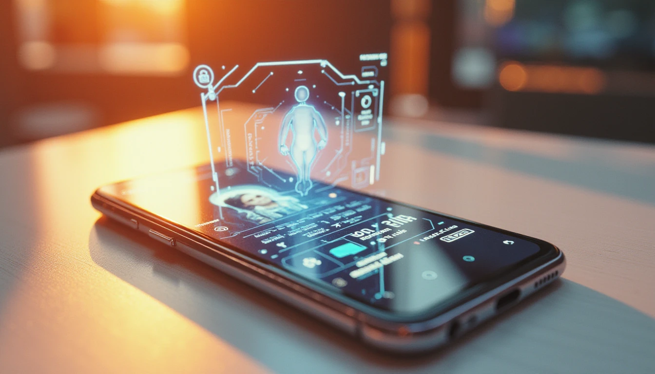 Futuristischer Smartphone-Bildschirm, der eine Dating-App mit einem KI-Verifizierungs-Overlay zeigt, das ein Benutzerprofil im warmen Licht der goldenen Stunde scannt.