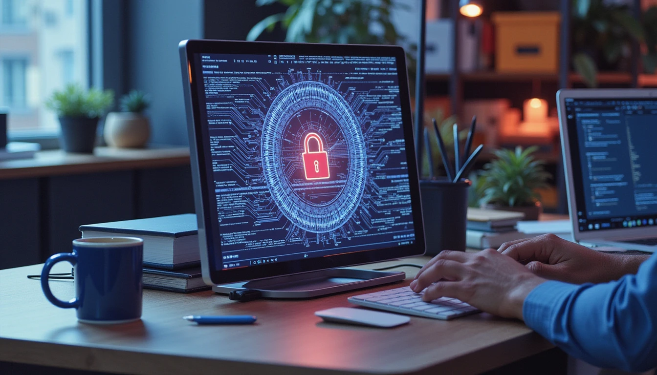 Modern insurance office with glowing computer screen showing futuristic AI data patterns for fraud detection; digital security elements blend in.