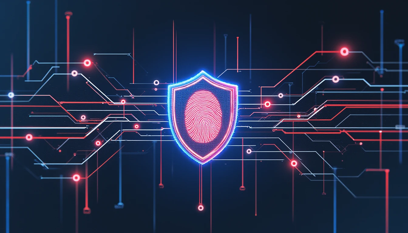 Abstract digital security concept for DACH insurance, featuring glowing data streams, shield icons, fingerprint scans, and AI fraud detection.
