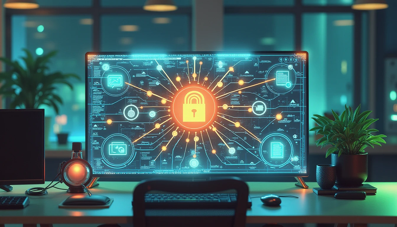 Futuristisches Versicherungsbüro mit eleganten Geräten, leuchtenden Neondiagrammen der digitalen Sicherheit und KI-Tool-Scanning zur Betrugserkennung.