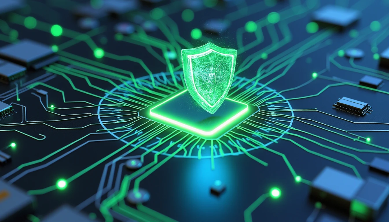 Futuristic abstract of automated insurance claims processing with neon blue and green circuitry, a glowing shield symbolizing secure efficiency.