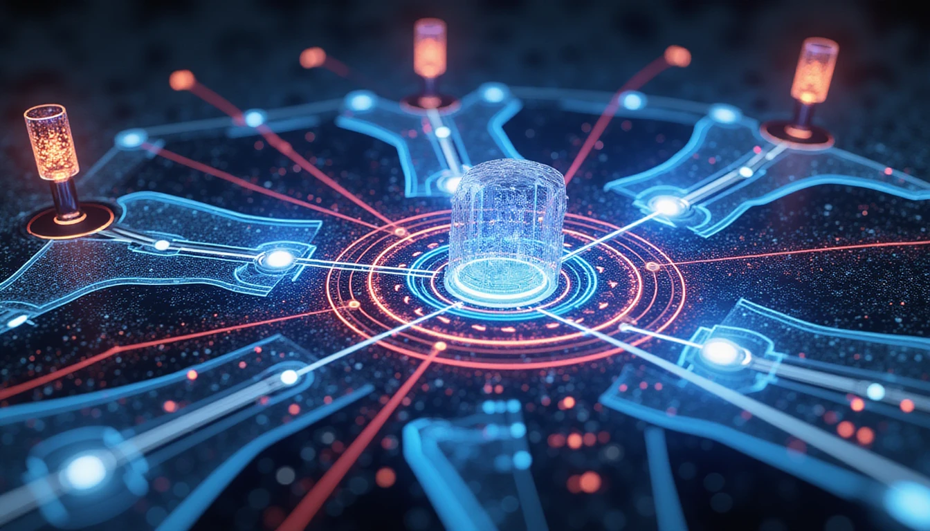 Futuristische Versicherungstechnologie mit neonbeleuchteten Netzwerken, holografischer Verifizierung und sicheren Datenströmen, die Innovation und Betrugserkennung in den Vordergrund stellen.