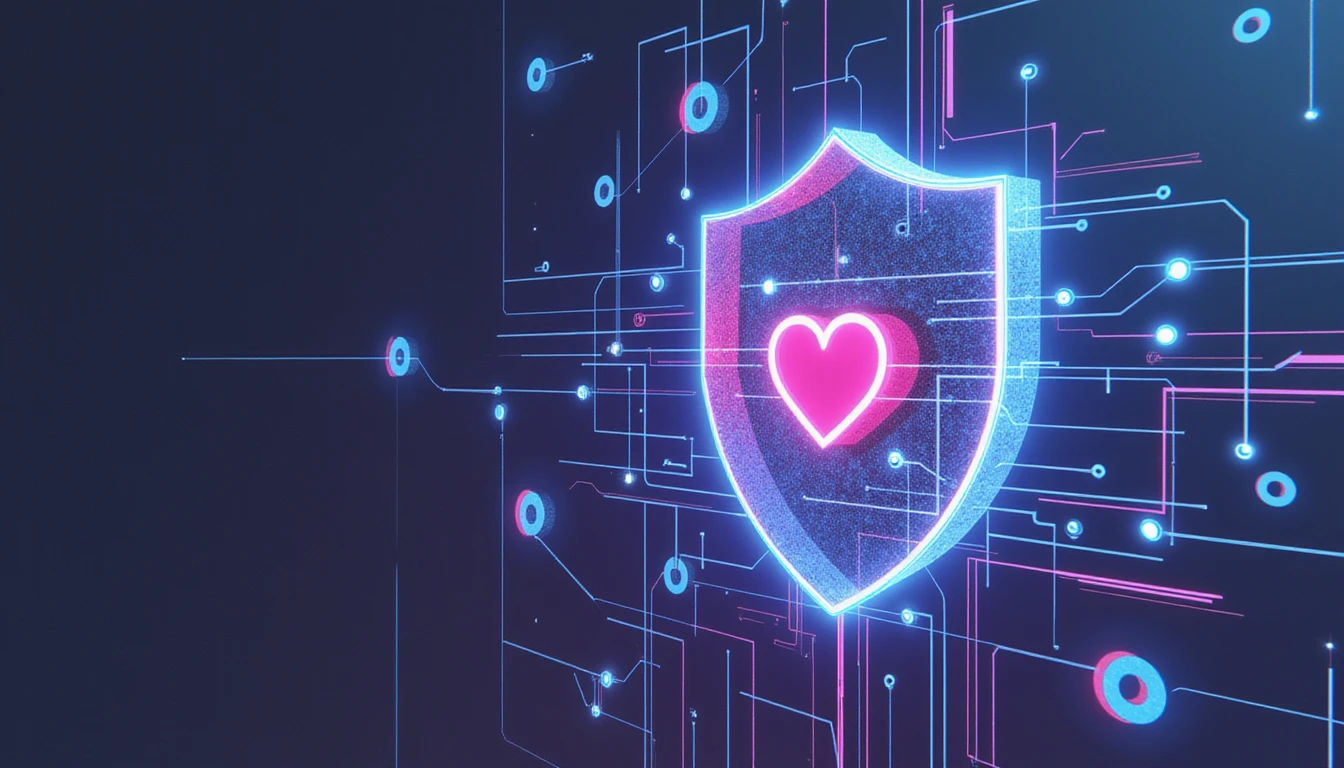 Futuristic digital shield with neon lines protecting online dating profiles from AI-generated fake accounts, symbolizing cybersecurity and trust.