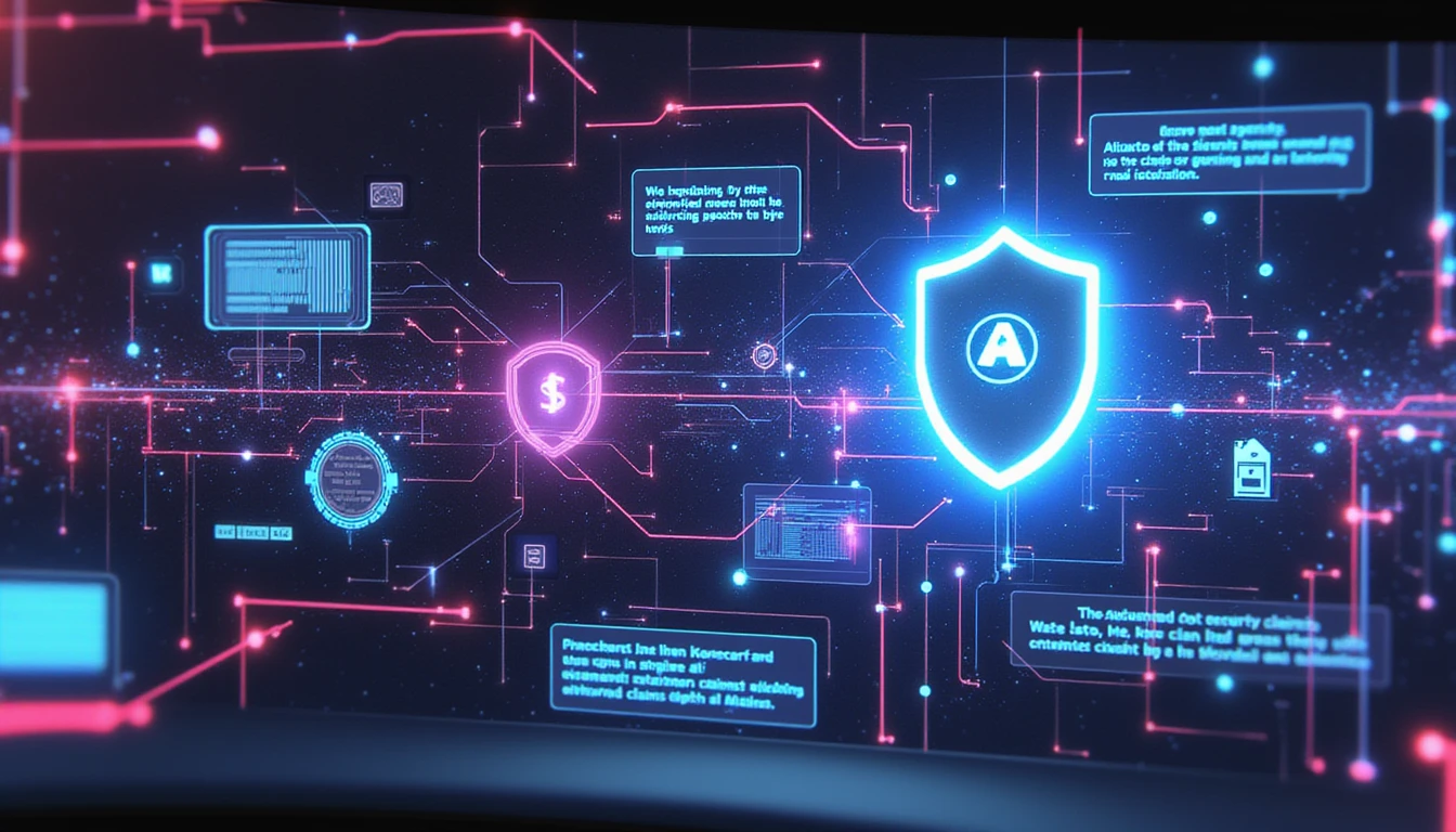 Futuristic AI-powered chatbot visualizing secure, efficient insurance processes with data analysis, fraud detection, and cyber protection.