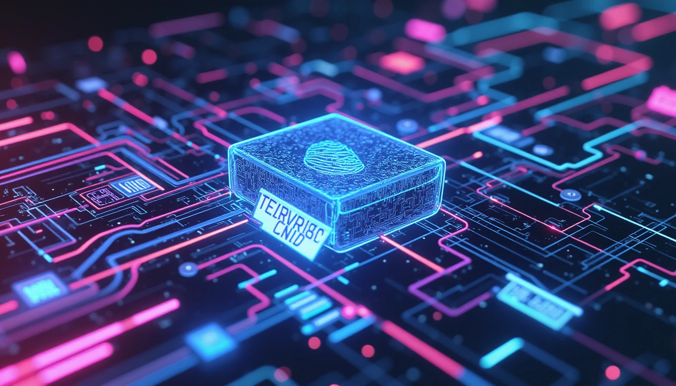 Futuristic neon interface illustrating digital security in insurance with biometric patterns, AI precision, and interconnected circuits.