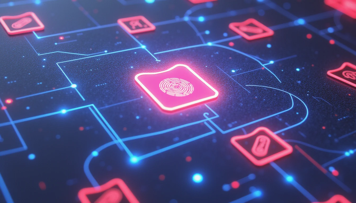 Futuristic digital interface with neon security shields, biometric verification, and interconnected nodes, symbolizing AI-driven fraud prevention.
