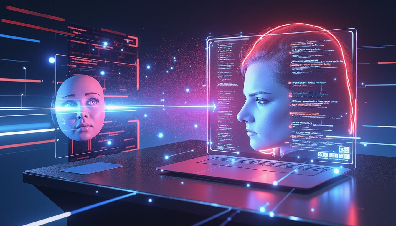 Futuristischer, KI-gestützter Betrugsscanner analysiert Online-Dating-Profile mit neonbeleuchteten Datenströmen, Sicherheitsschildern und holografischen Elementen.