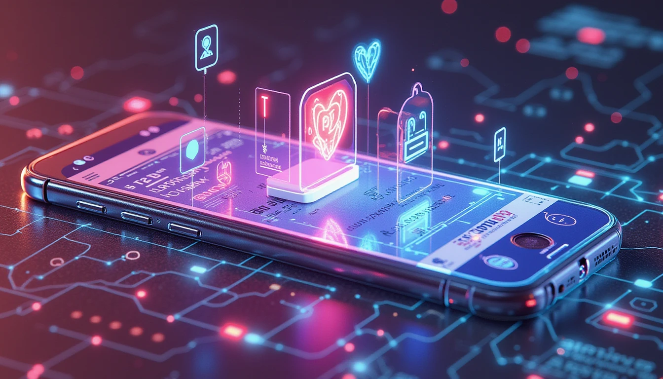 AI-powered security in online dating, featuring a smartphone with a dating app, holographic AI analysis, cybersecurity shields, and data verification.