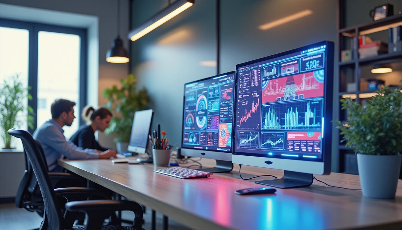 Modernes Büro mit Fachleuten, die an einem Schreibtisch zusammenarbeiten, digitalen Tools, Datenvisualisierungen und leuchtenden Neon-Tech-Elementen für KI und Innovation.