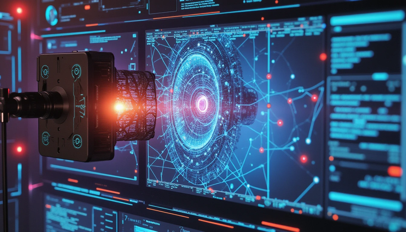 Futuristische Visualisierung fortschrittlicher Technologie zur Bekämpfung von Versicherungsbetrug mit leuchtenden neuronalen Netzwerken, Scannern und sich auflösenden manipulierten Bildern.