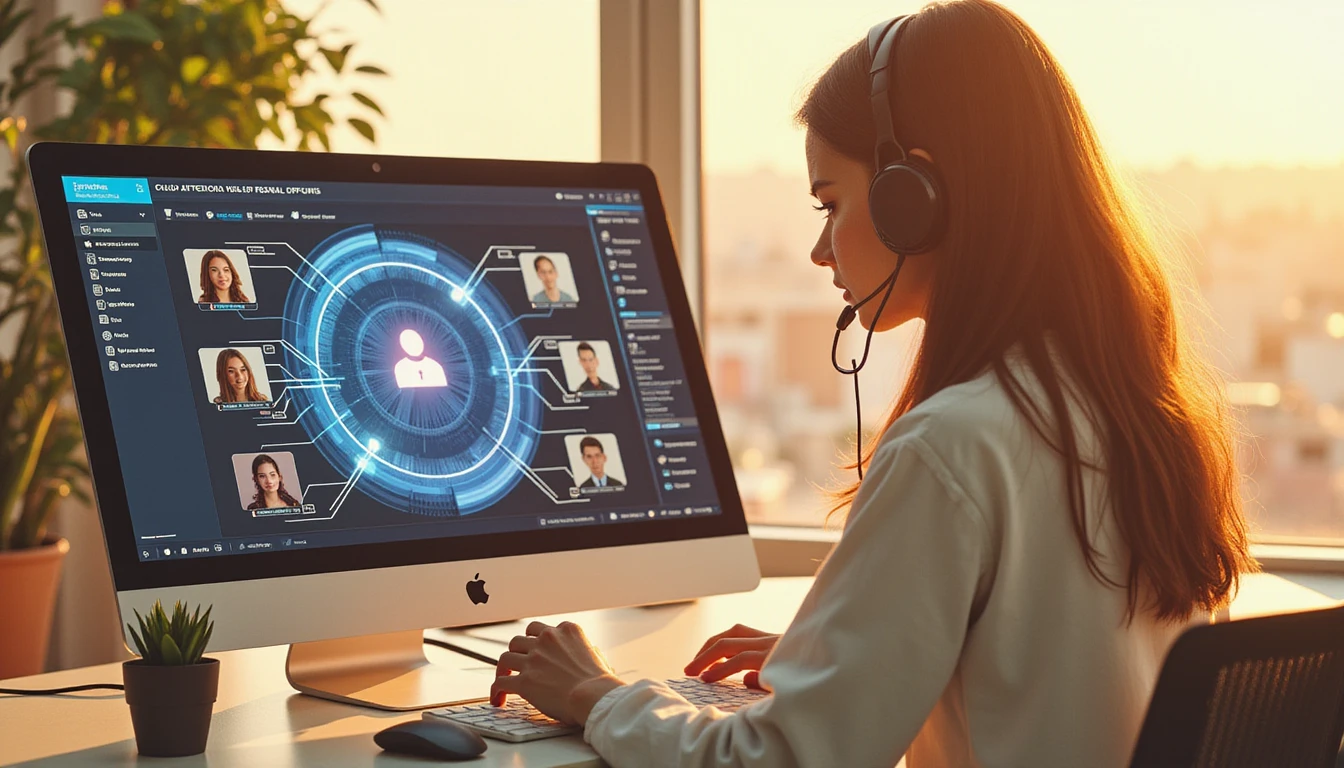 Junger Kundenservice-Profi überprüft Nutzerprofile auf einem futuristischen KI-gestützten Betrugserkennungssystem in einem hochmodernen Büro.