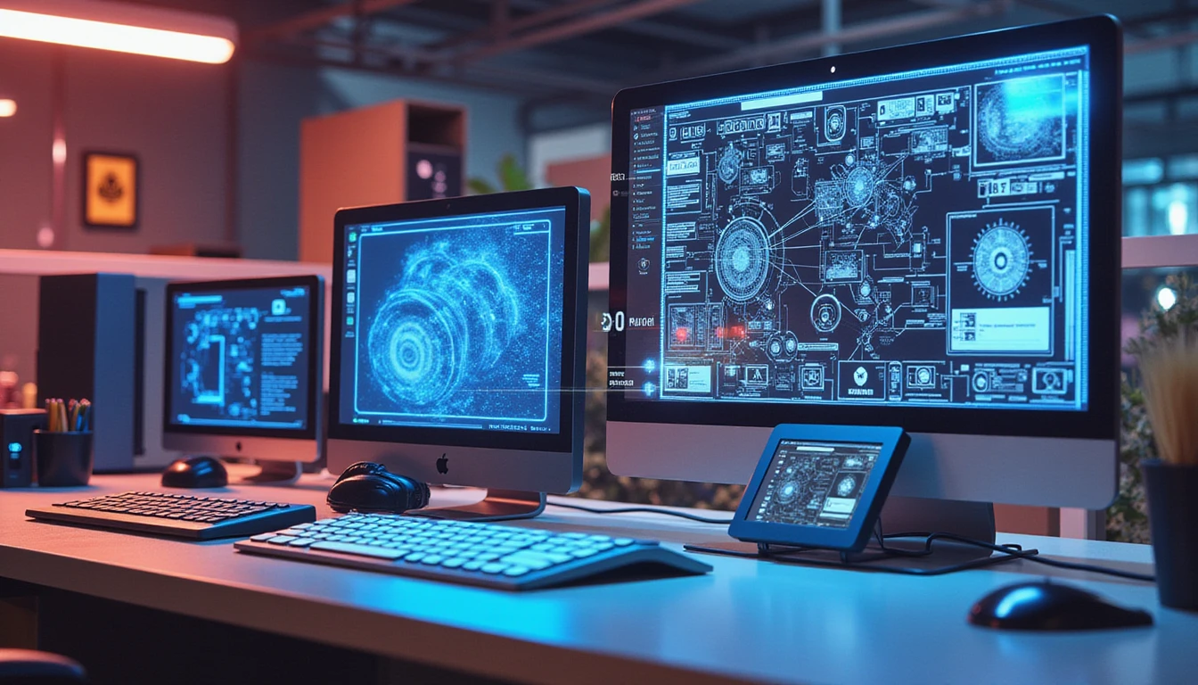 Futuristic office with neon-lit tech analyzing holographic documents; abstract diagrams and data streams highlight advanced fraud detection systems.