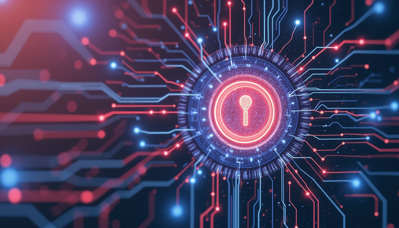 Futuristic visualization of AI-powered data protection in insurance, featuring glowing neon nodes, secure networks, and image verification.