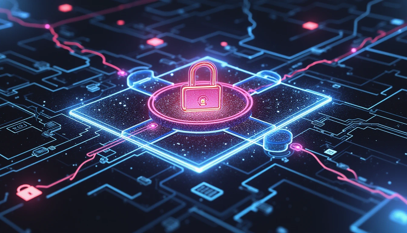 Futuristic digital transformation in insurance with a glowing AI assistant, data streams, biometric patterns, and secure tech elements.