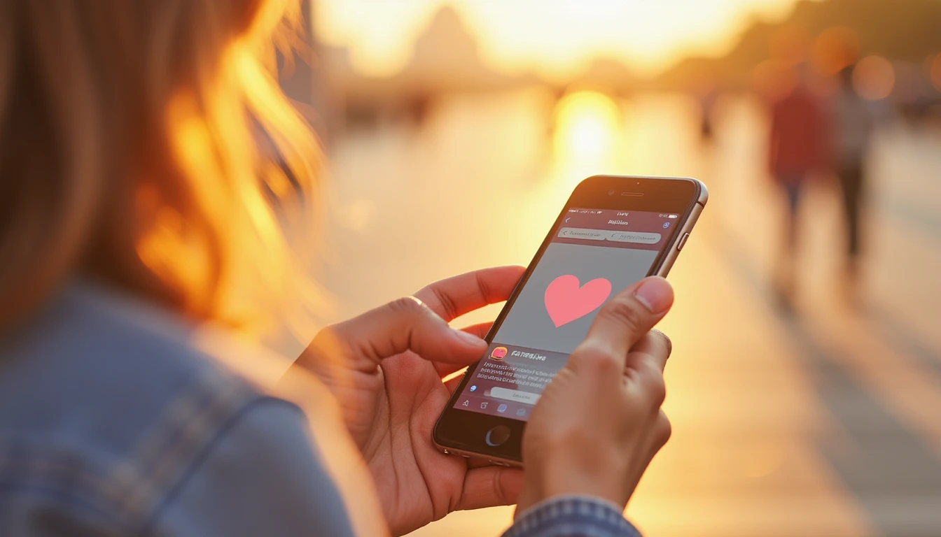 A hand confidently interacts with a dating app on a smartphone, bathed in warm golden light, symbolizing trust, security, and AI-driven safety.