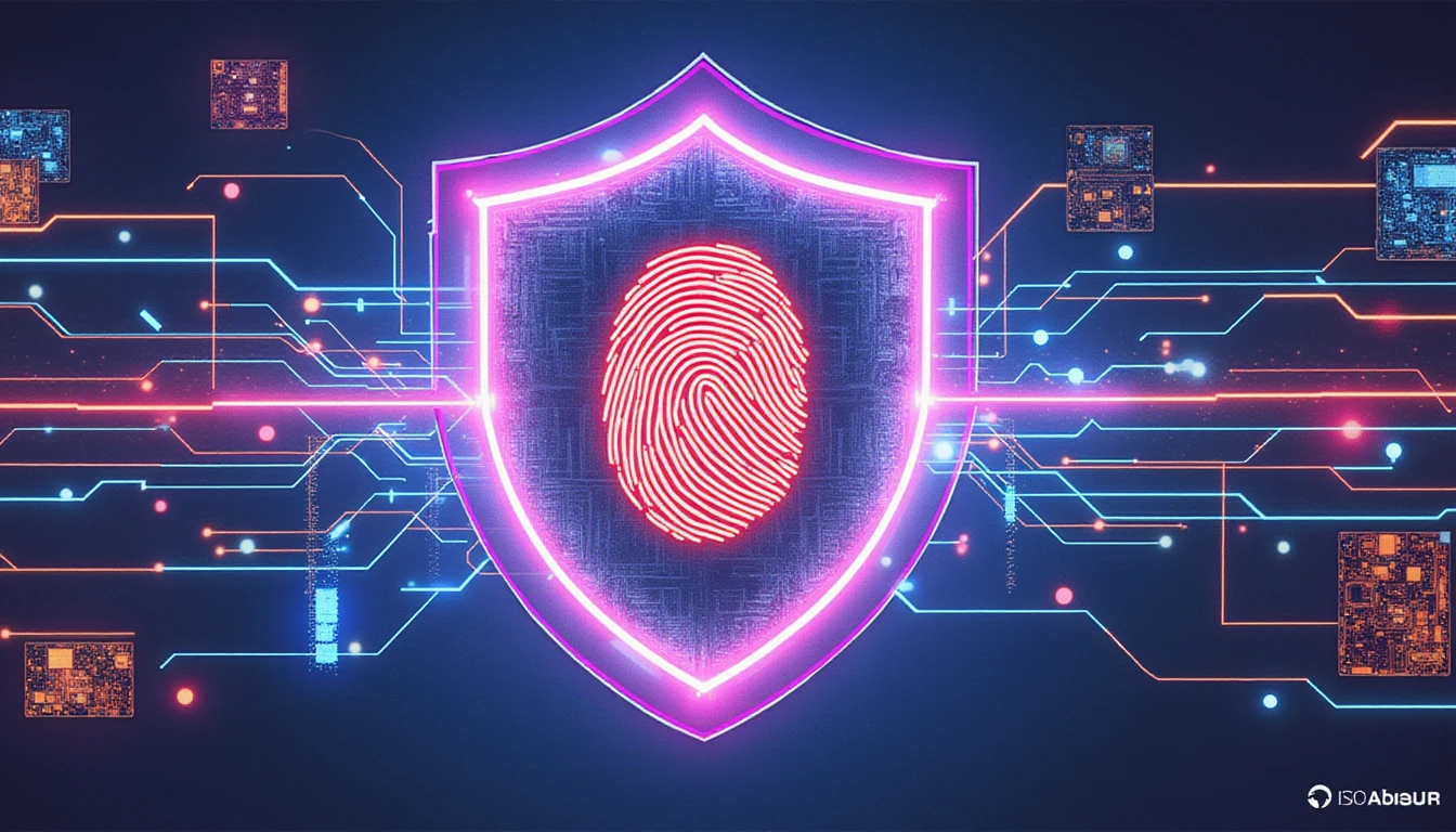 Futuristisches neonleuchtendes Schild mit KI-gesteuerter Fingerabdruckanalyse, Datenströmen und holografischer Betrugserkennung in einem Hightech-Sicherheitsthema.