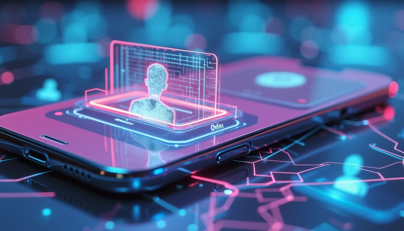 KI-gestützter Sicherheitsscanner analysiert ein Dating-App-Profil und erkennt Betrug mit neonfarbenen Datenüberlagerungen vor einem Cyber-Hintergrund.