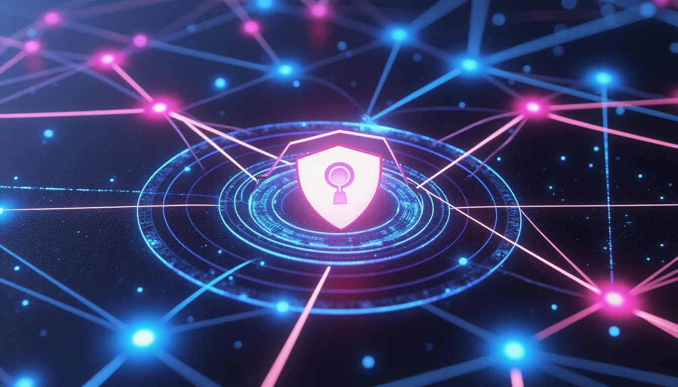 AI-driven trust and safety in online dating, with neon-lit nodes detecting fraud, a shield icon for security, and a digital network backdrop.