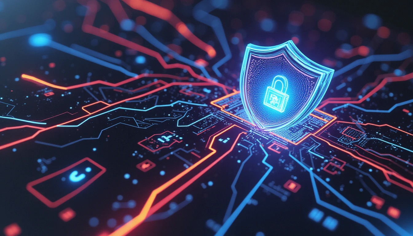Abstrakte Darstellung fortschrittlicher Versicherungssicherheitstechnologie mit neonfarbenen Datenströmen, geometrischen Knoten und einem integrierten Schildsymbol zum Schutz.