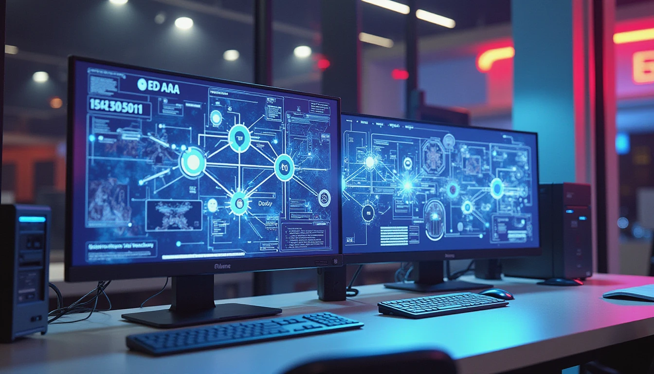 Futuristic high-tech insurance workspace with neon glows, holographic interfaces, AI-driven diagrams, and cyber visuals symbolizing data automation.