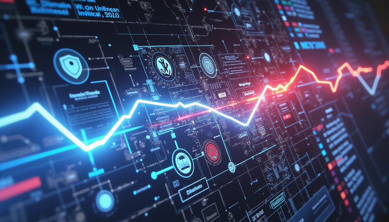 Futuristic representation of the DACH insurance industry's transformation with neon-lit AI, blockchain, and data security themes.