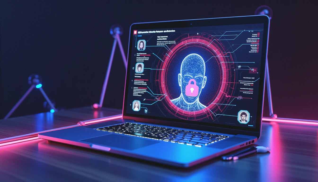 Futuristic AI-powered security scanning dating profiles with neon-glowing data streams, shield icons, and a dark background for contrast.
