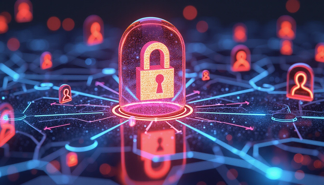Futuristische digitale Dating-Plattform mit leuchtendem Schlosssymbol, neuronalem KI-Netzwerk, verifizierten Profilen und Neonelementen, die Sicherheit symbolisieren.