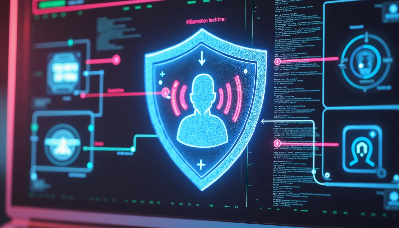 AI security shield scanning online dating profiles with neon data streams, biometric overlays, and holographic fraud detection elements.