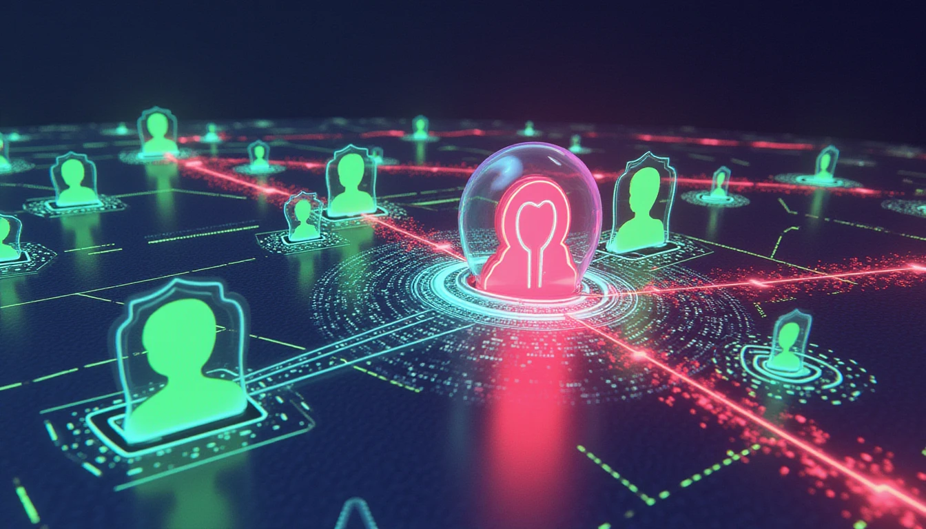 Futuristic digital scene depicting AI-driven security shielding verified online dating profiles from fraudulent accounts with neon cyber elements.