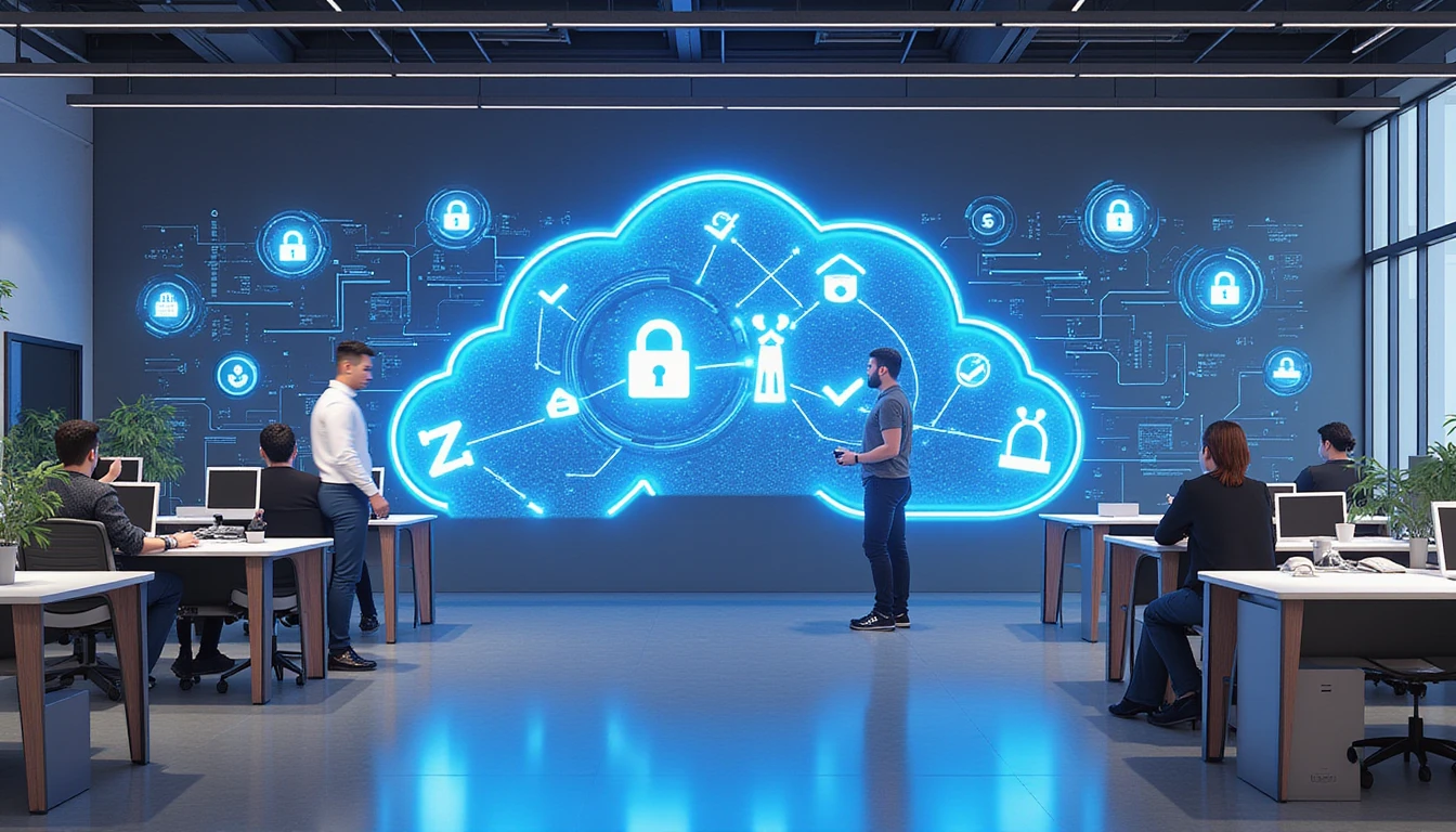 Professionals in a sleek office collaborate on high-tech tools amid neon-blue cloud data streams and AI-driven fraud detection visuals.