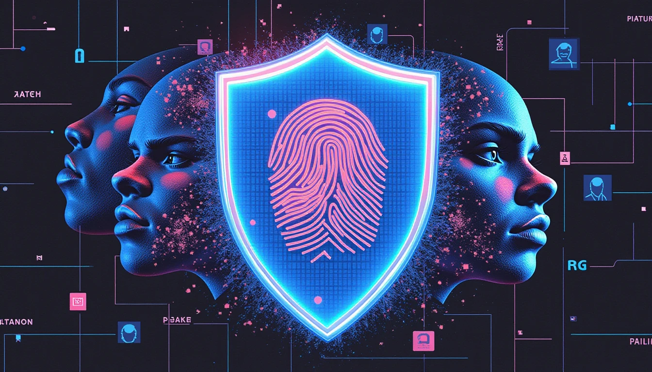 Neon-glowing shield with biometric pattern symbolizes online dating security, surrounded by dissolving AI-generated faces and data particles.