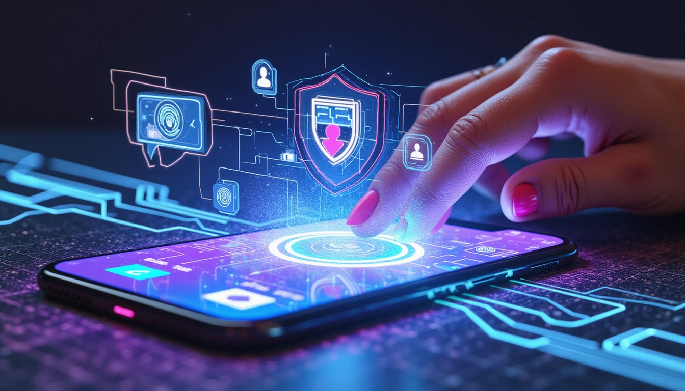 Futuristic digital art of AI-driven online dating security with neon-lit smartphone, holographic safeguards, and a glowing protective shield.