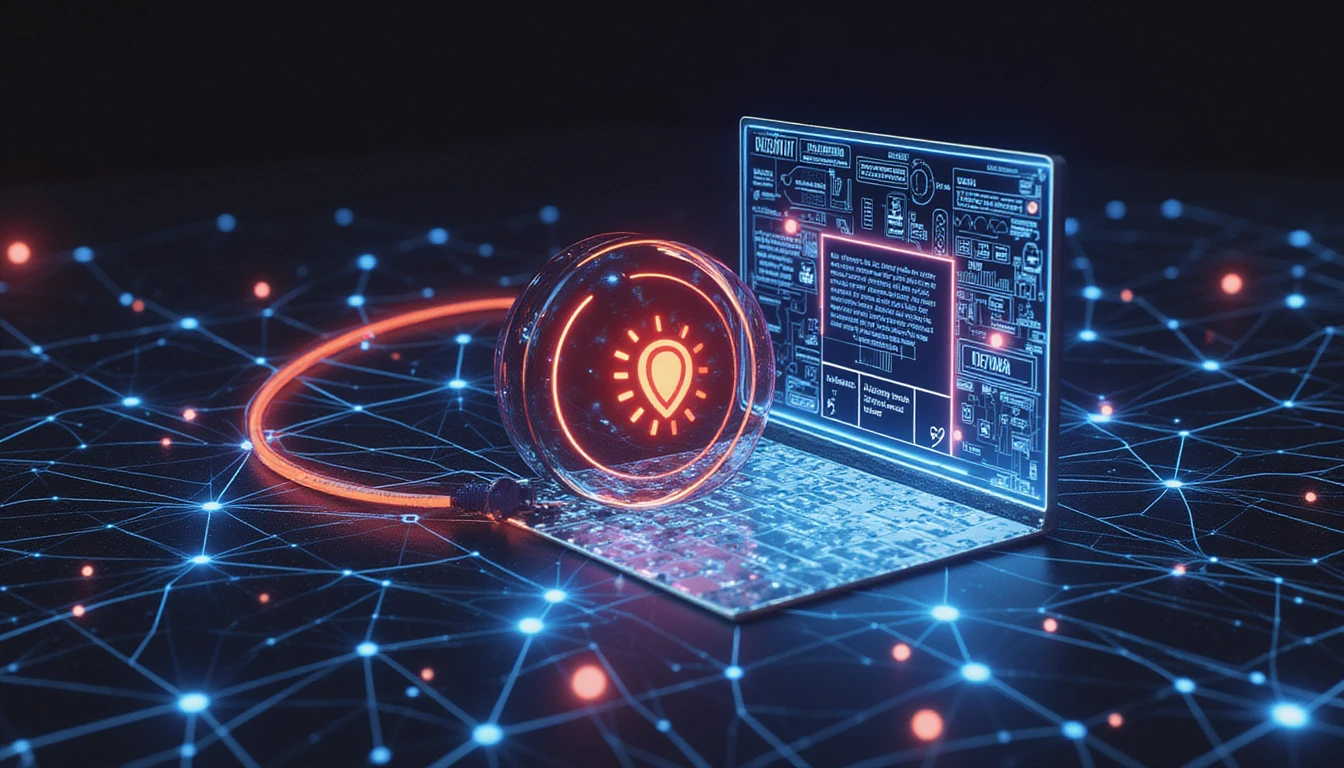 Futuristische KI-Sicherheitsschnittstelle zum Erkennen und Blockieren betrügerischer Online-Dating-Profile mit leuchtenden neuronalen Netzwerkverbindungen und Datenanalyse.
