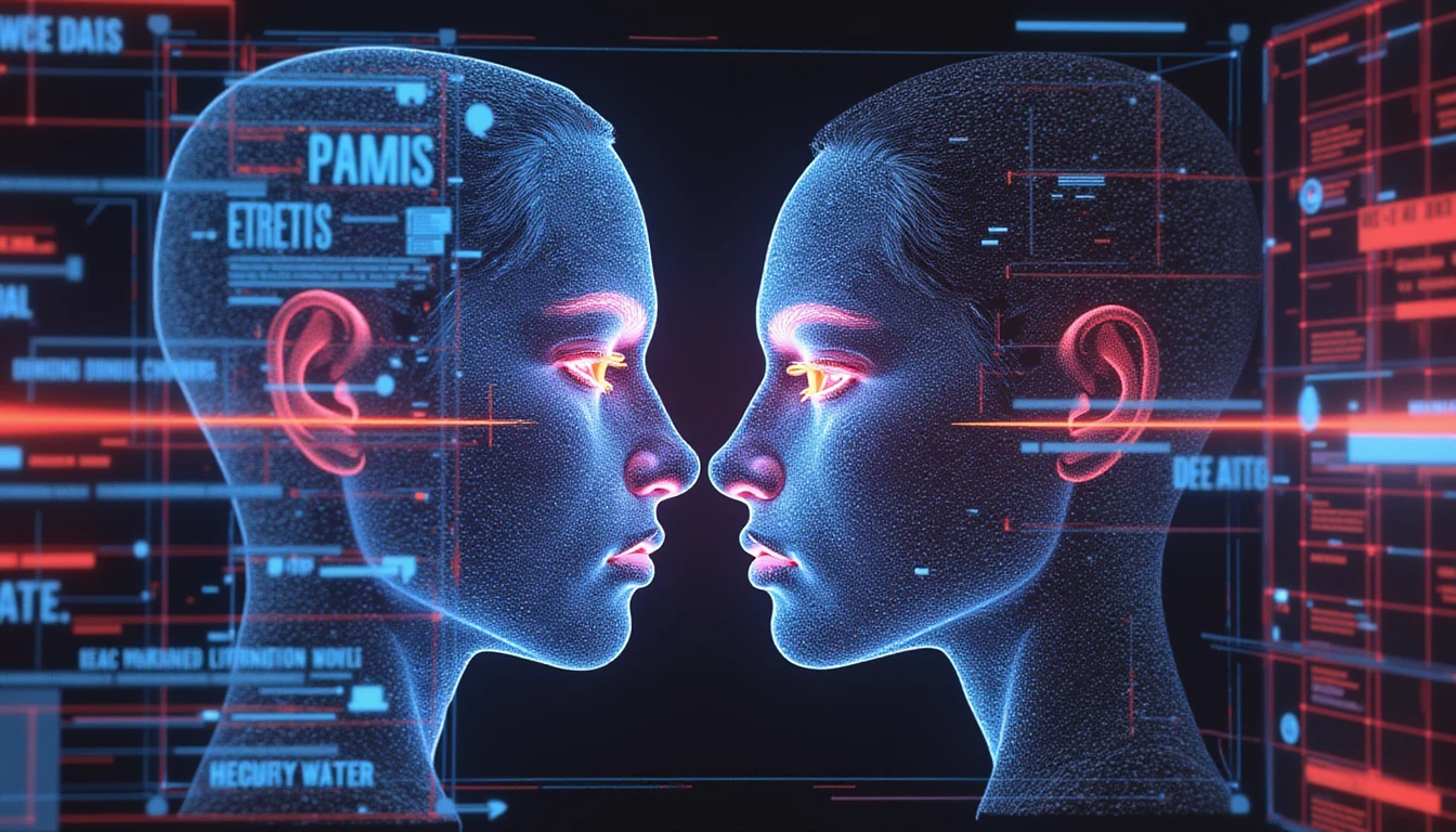 Futuristic AI-driven security system detecting fake profiles on online dating sites with biometric analysis, pattern recognition, and encryption.