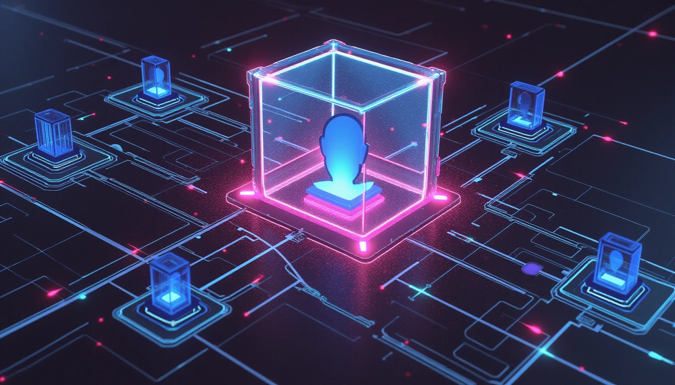 AI-powered fraud detection interface for online dating, featuring a neon shield, biometric verification, and real-time fake profile analysis.