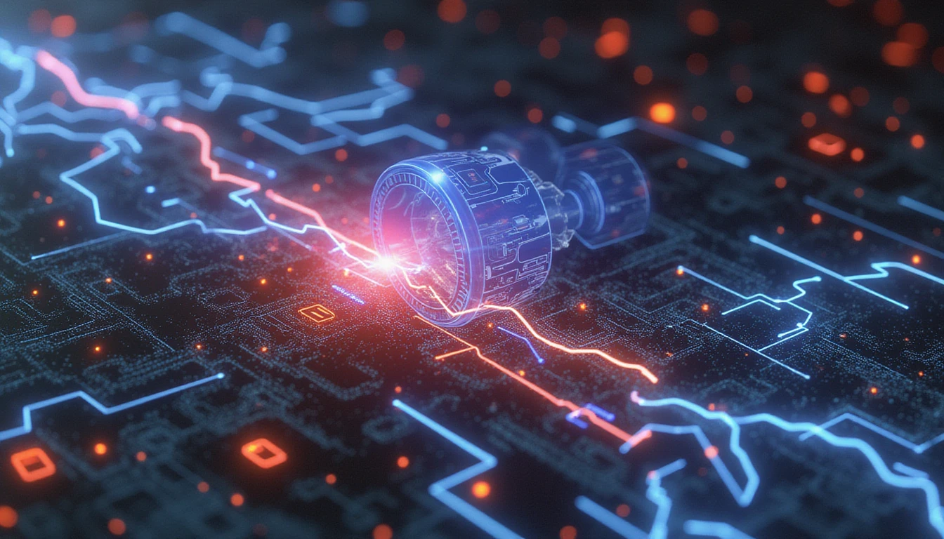 Leuchtende Neon-Datenmuster mit roten Anomalien signalisieren Betrug, ein Scanner strahlt blaues Licht aus und führt Analysen in einer futuristischen, dunklen Atmosphäre durch.