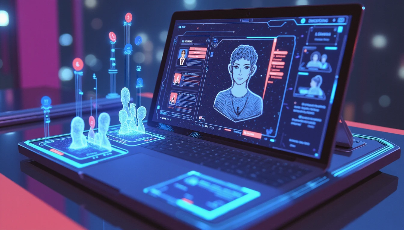 Futuristic AI-powered fraud detection interface scanning online dating profiles, highlighting fake accounts with red warnings amid neon digital hues.