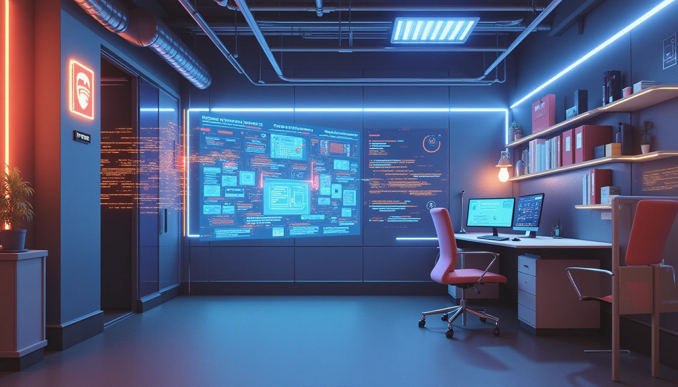 Futuristic office with neon AI overlays validating insurance documents, highlighting technology-driven fraud detection and innovation.