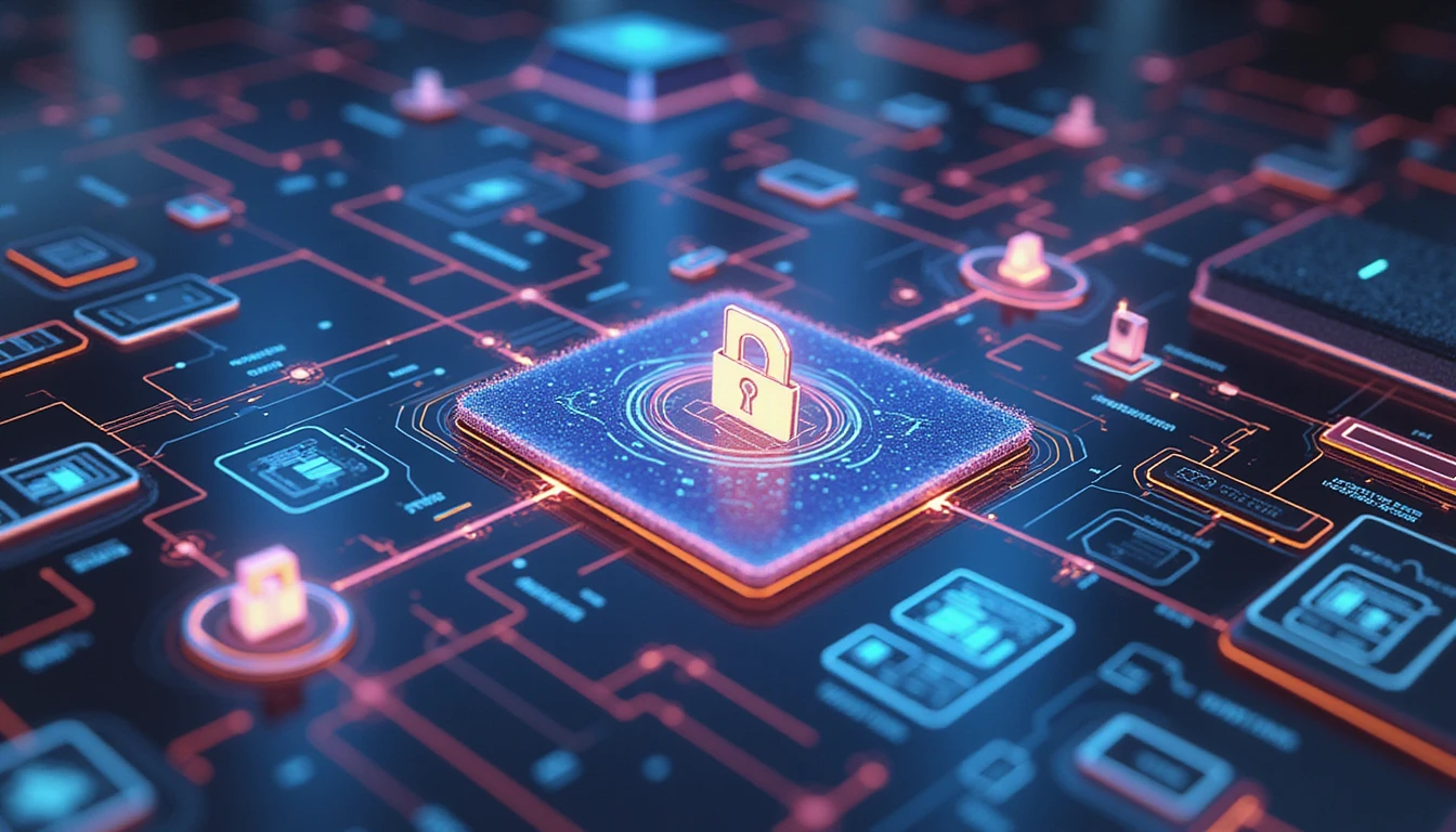 Futuristic AI-driven fraud detection system with neon-lit security nodes analyzing digital documents, highlighting trust and efficiency.