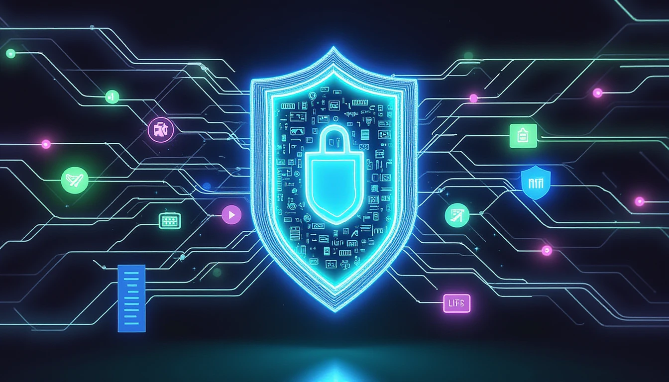 Futuristisches Schild, das die digitale Sicherheit im Versicherungswesen symbolisiert, umgeben von neonblauen, grünen und violetten Tech-Elementen auf dunklem Hintergrund.